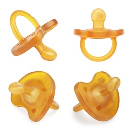 Collage of orange baby pacifier on white background, views from different sides