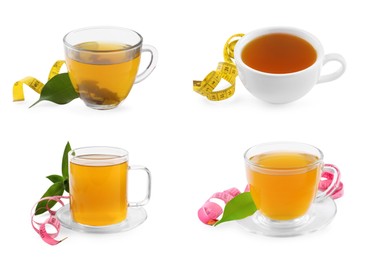 Image of Set with cups of cup of weight loss herbal tea on white background