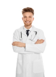 Photo of Portrait of medical doctor with stethoscope isolated on white