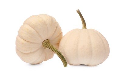 Photo of Two ripe beige pumpkins isolated on white