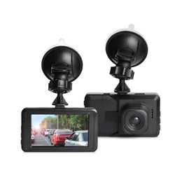 Image of Modern car dashboard cameras on white background in collage, one with photo of road