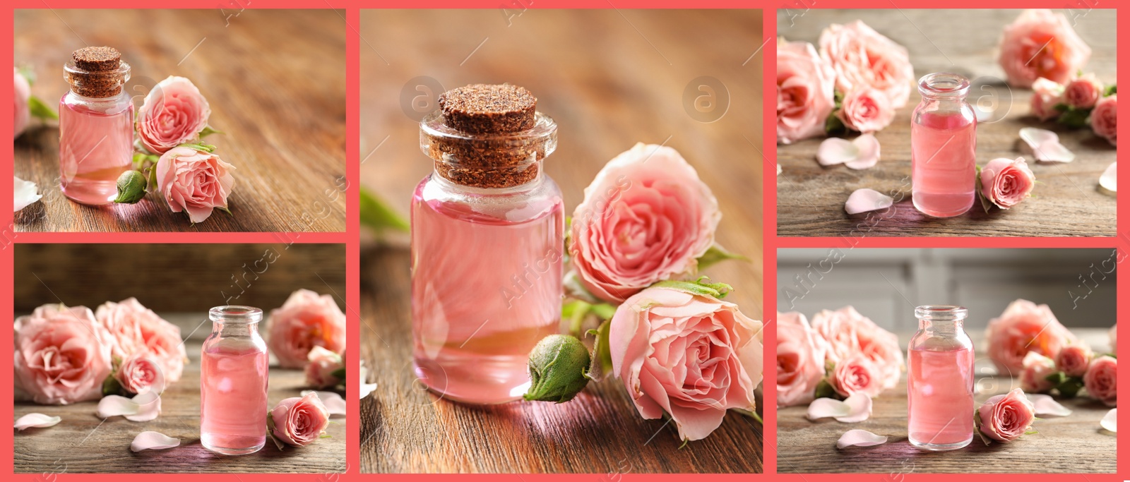 Image of Collage of different photos with essential oils and flowers. Banner design