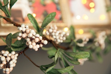 Photo of Christmas decoration made of mistletoe with berries on shelf, closeup