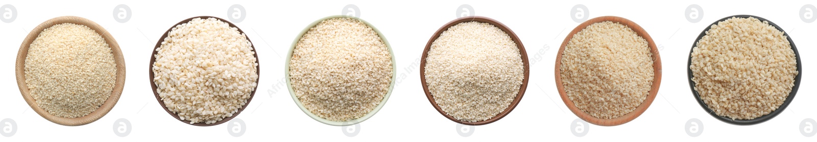 Image of Set with sesame seeds on white background, top view. Banner design 