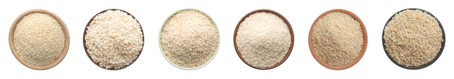 Image of Set with sesame seeds on white background, top view. Banner design 