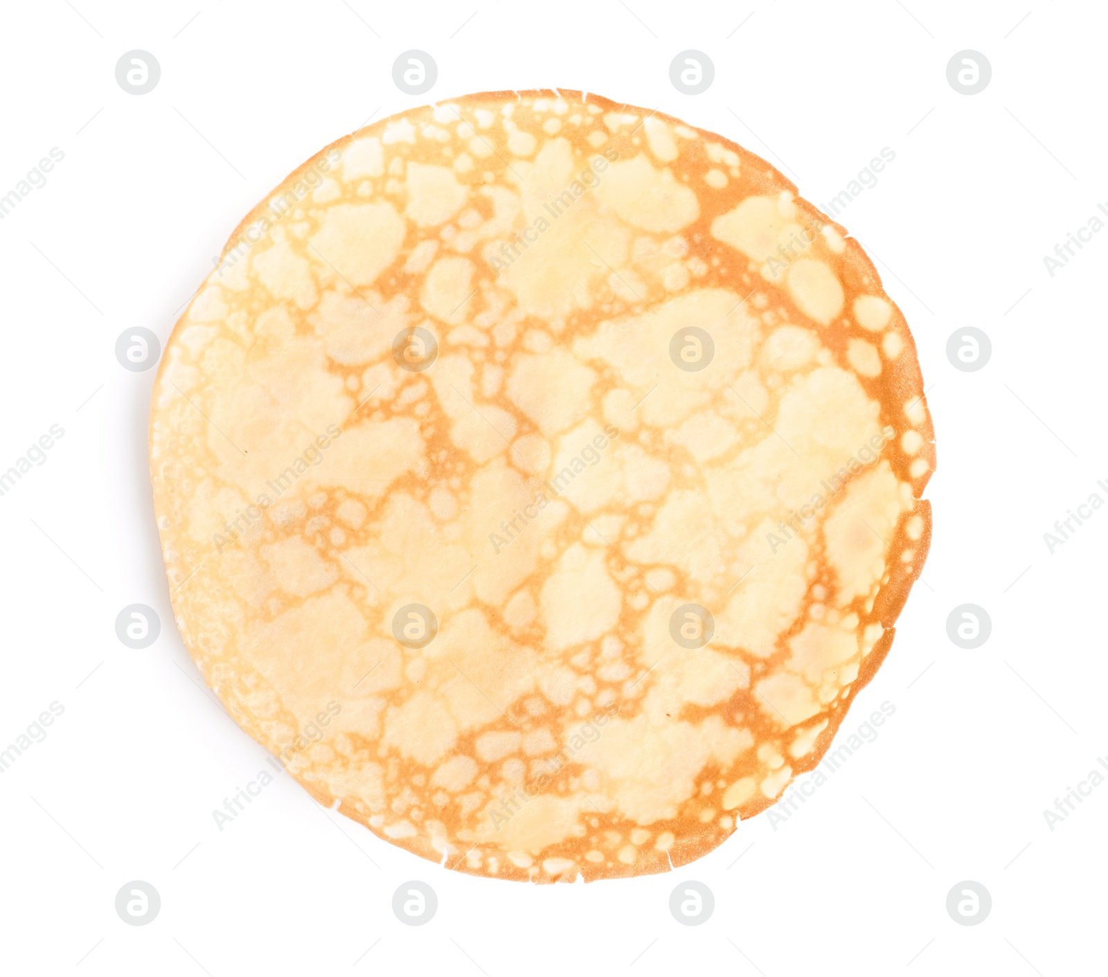 Photo of Fresh thin pancake isolated on white, top view