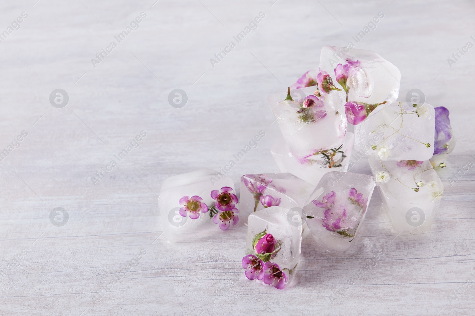 Photo of Floral ice cubes on table, space for text