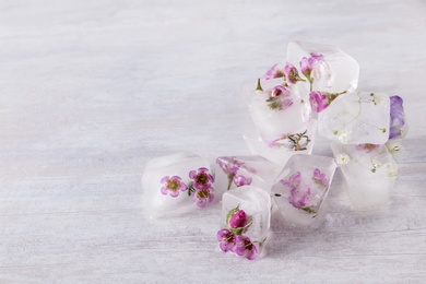 Floral ice cubes on table, space for text