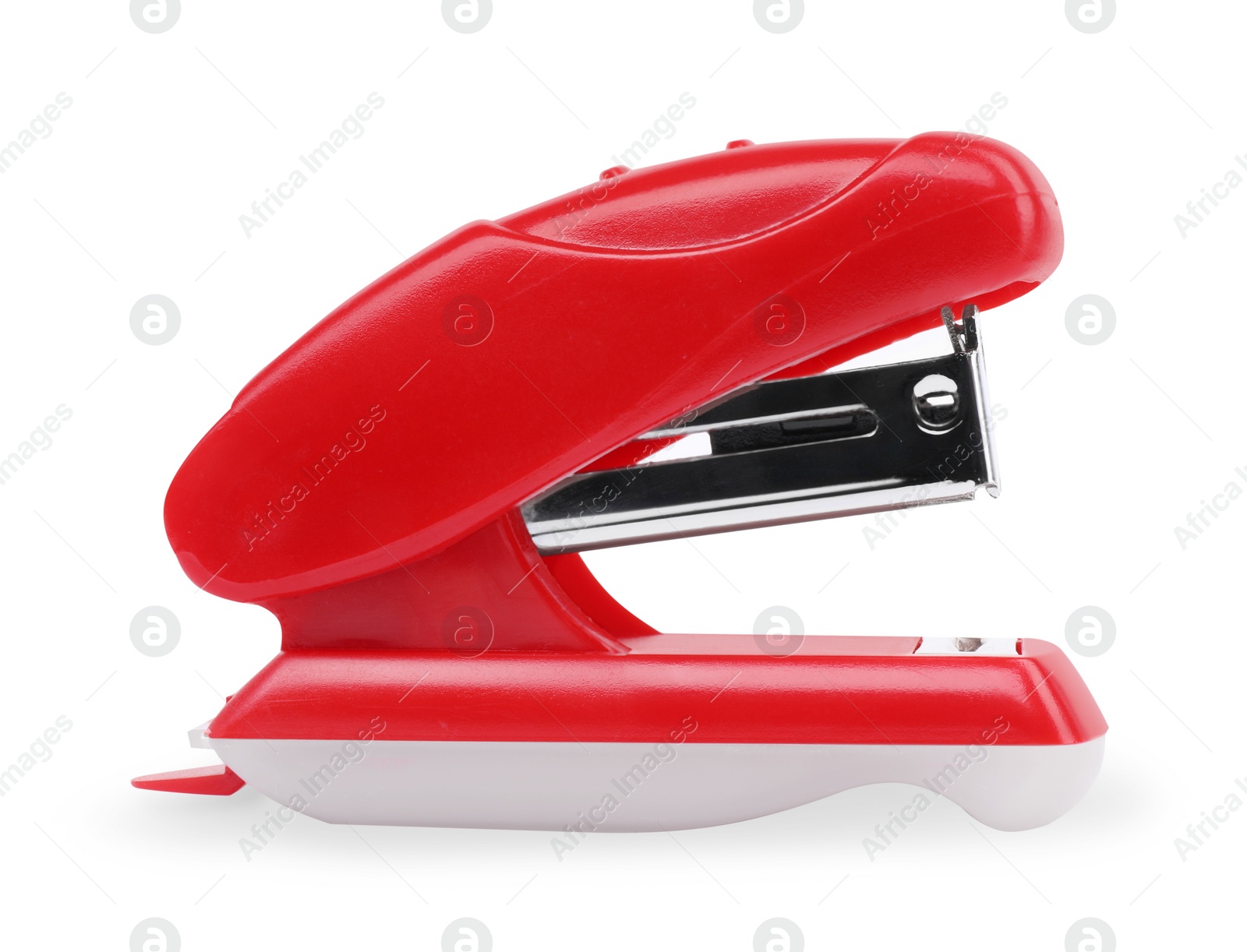 Photo of One new red stapler isolated on white