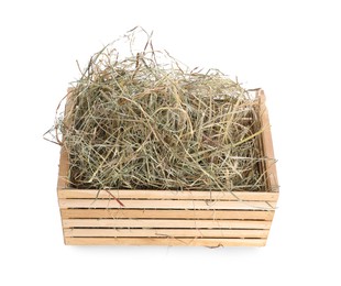 Photo of Dried hay in wooden crate isolated on white