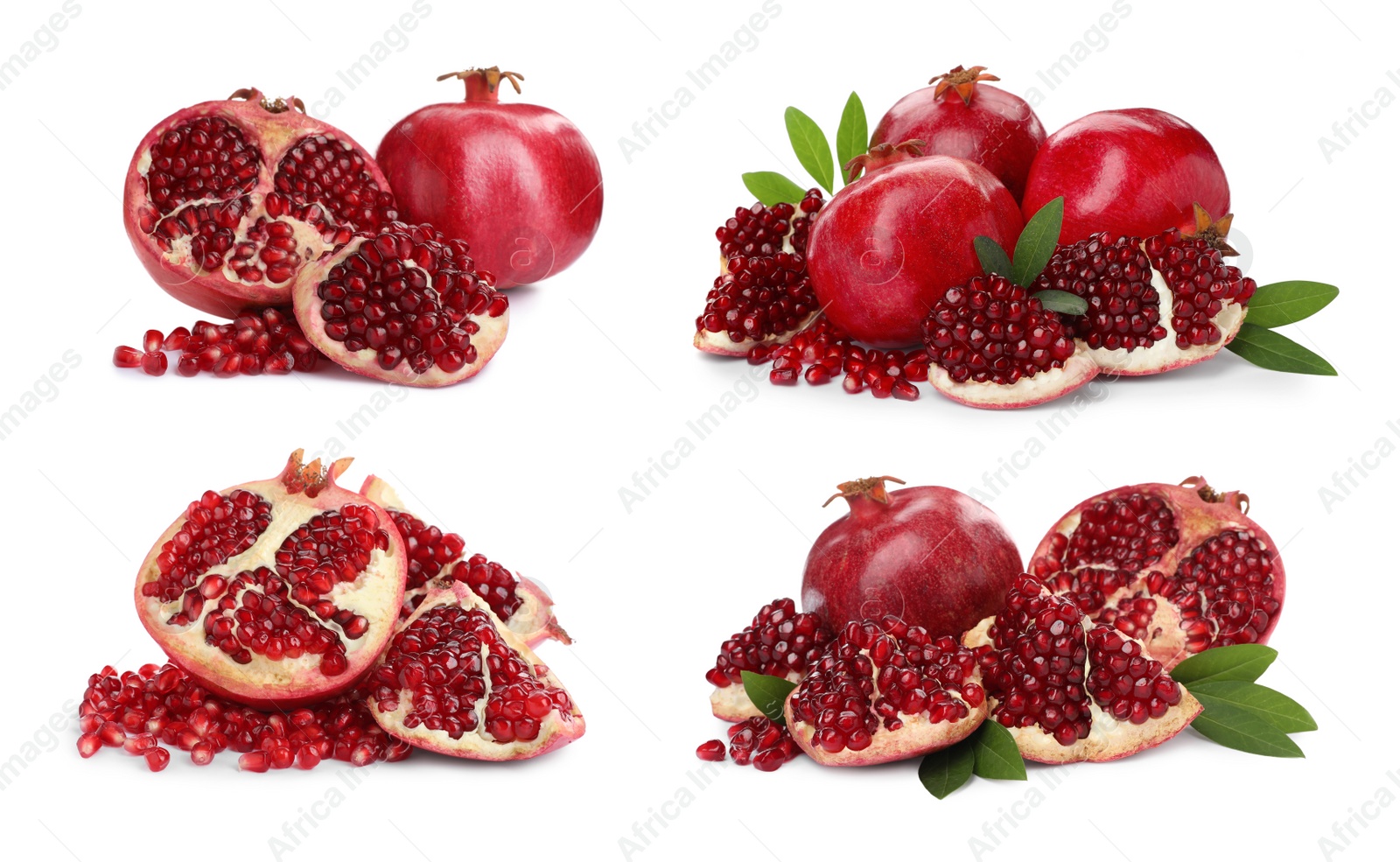 Image of Set with tasty ripe pomegranates on white background 