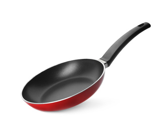 Photo of Modern red frying pan isolated on white