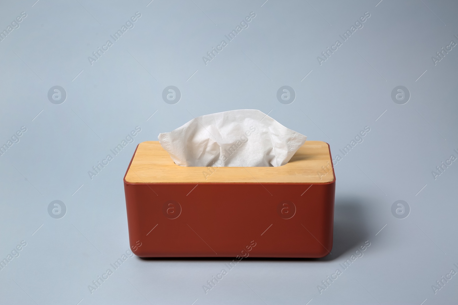 Photo of Holder with paper tissues on light grey background