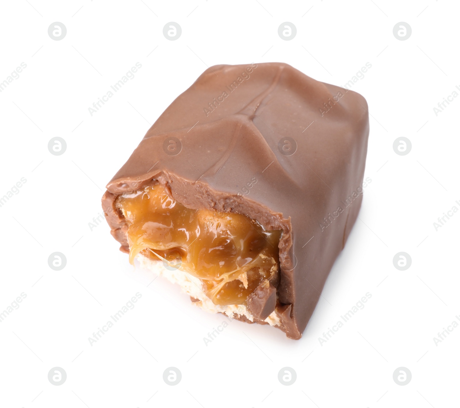 Photo of Piece of tasty chocolate bar with nougat isolated on white