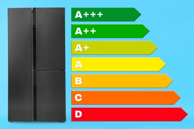 Energy efficiency rating label and refrigerator on light blue background