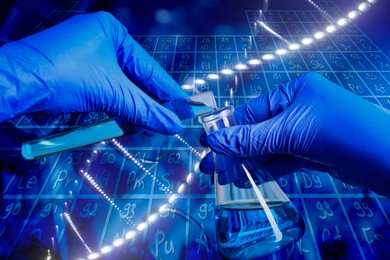 Image of Scientist working with sample, periodic table of chemical elements and test tubes, multiple exposure