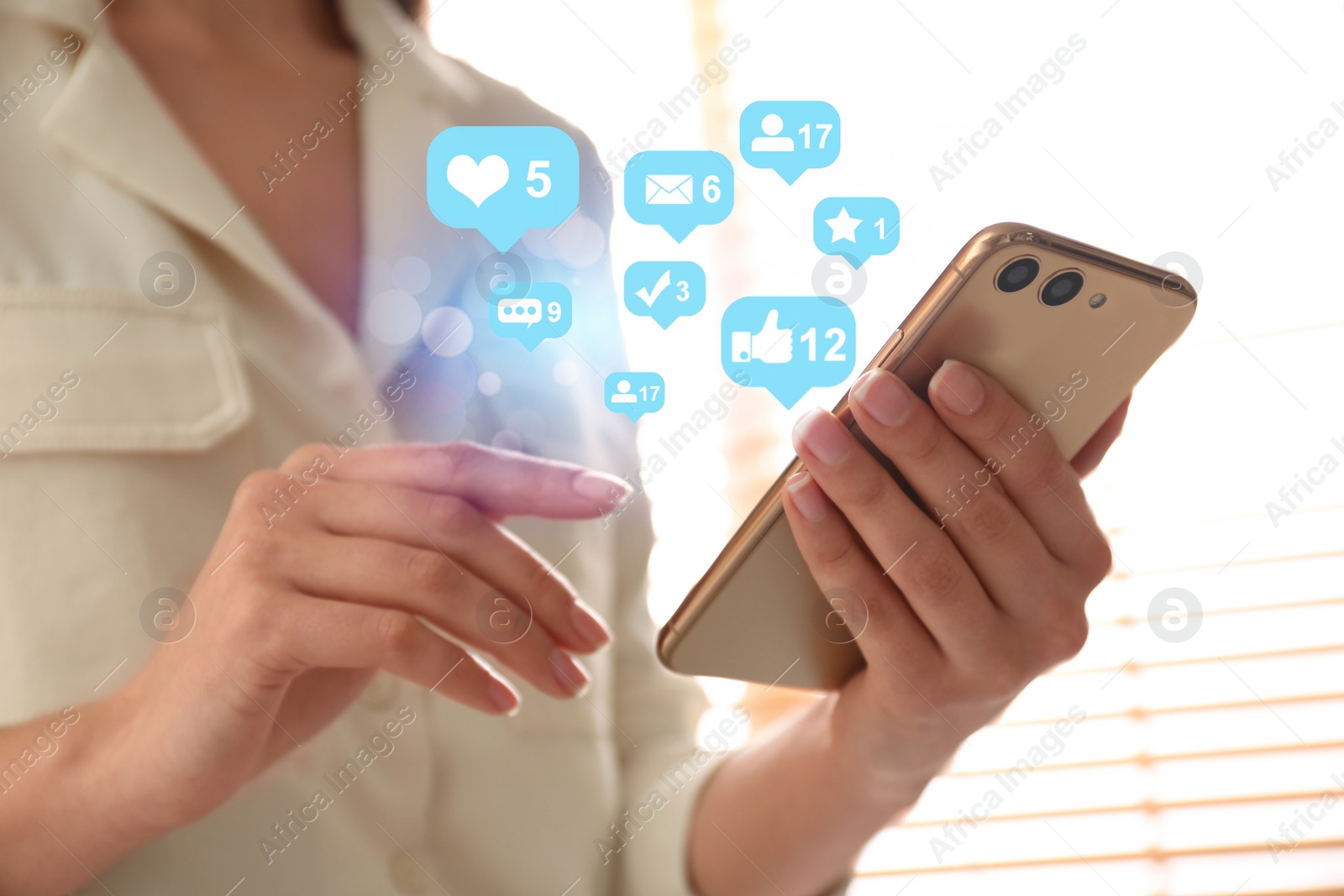 Image of Young woman using modern smartphone indoors, closeup. Social media marketing