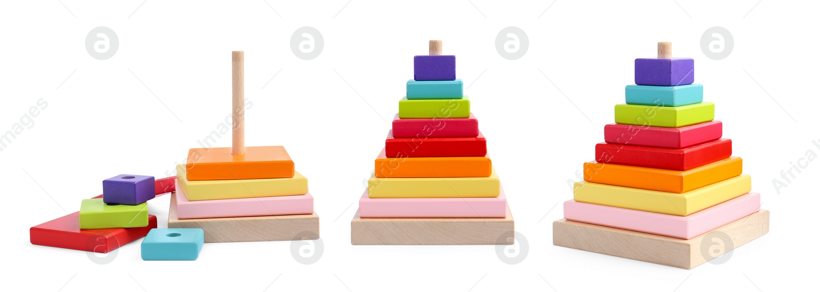 Image of Bright colorful pyramid isolated on white, different angles. Collage design with children's toy