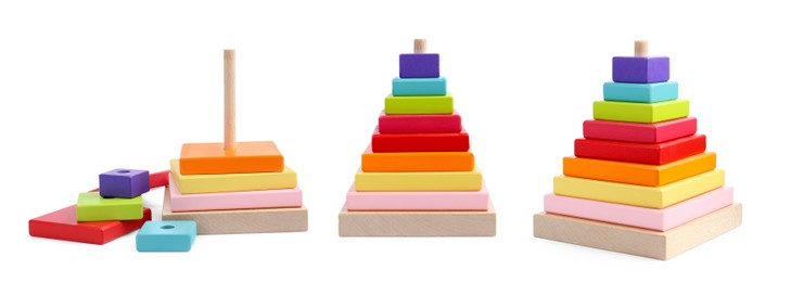 Image of Bright colorful pyramid isolated on white, different angles. Collage design with children's toy