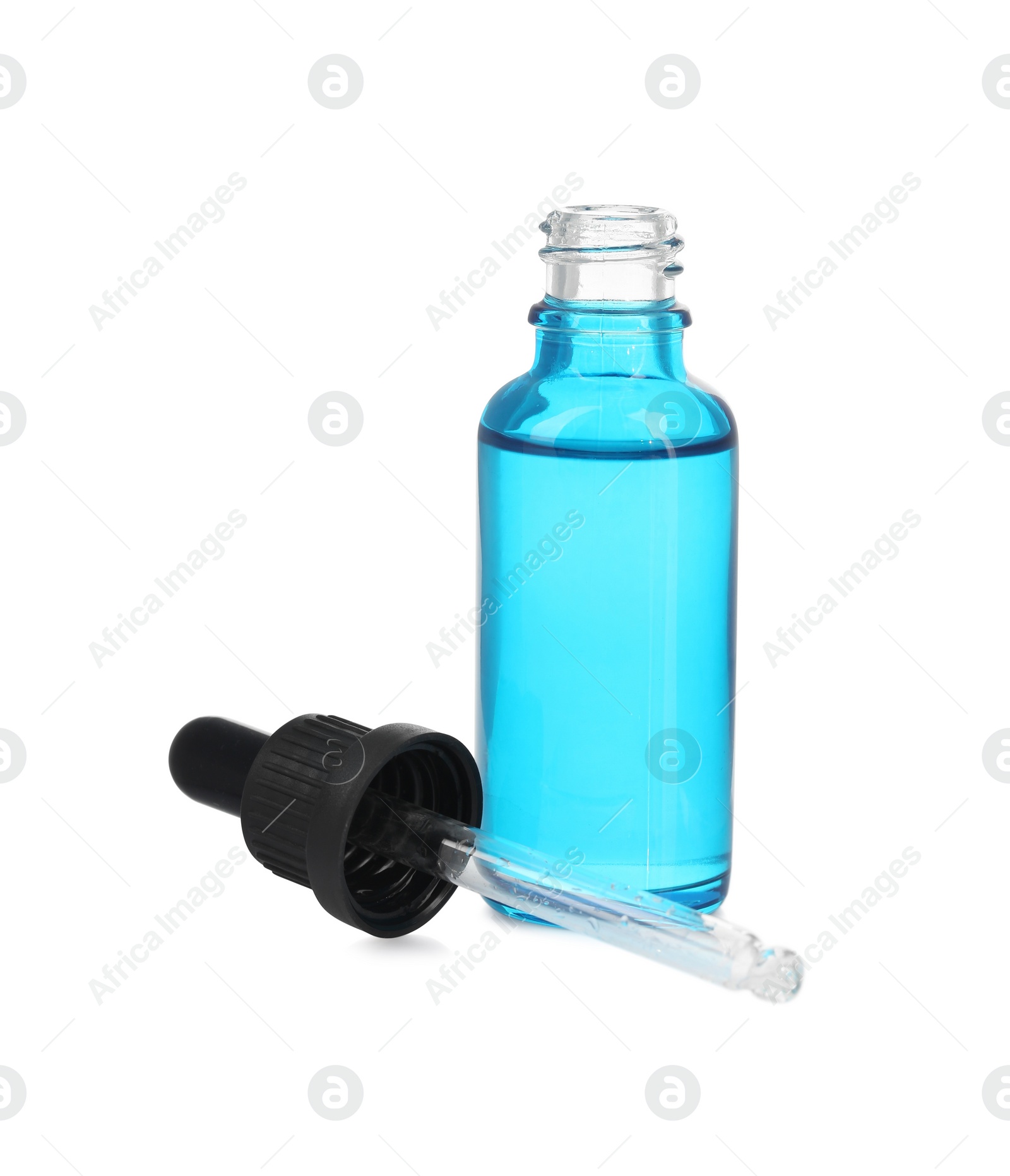 Photo of Glass bottle and pipette with tincture isolated on white