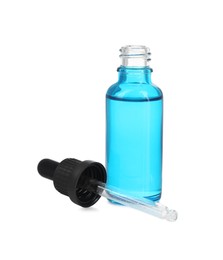 Photo of Glass bottle and pipette with tincture isolated on white