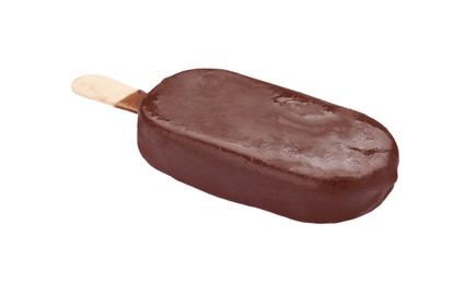 Delicious chocolate-glazed ice cream bar isolated on white