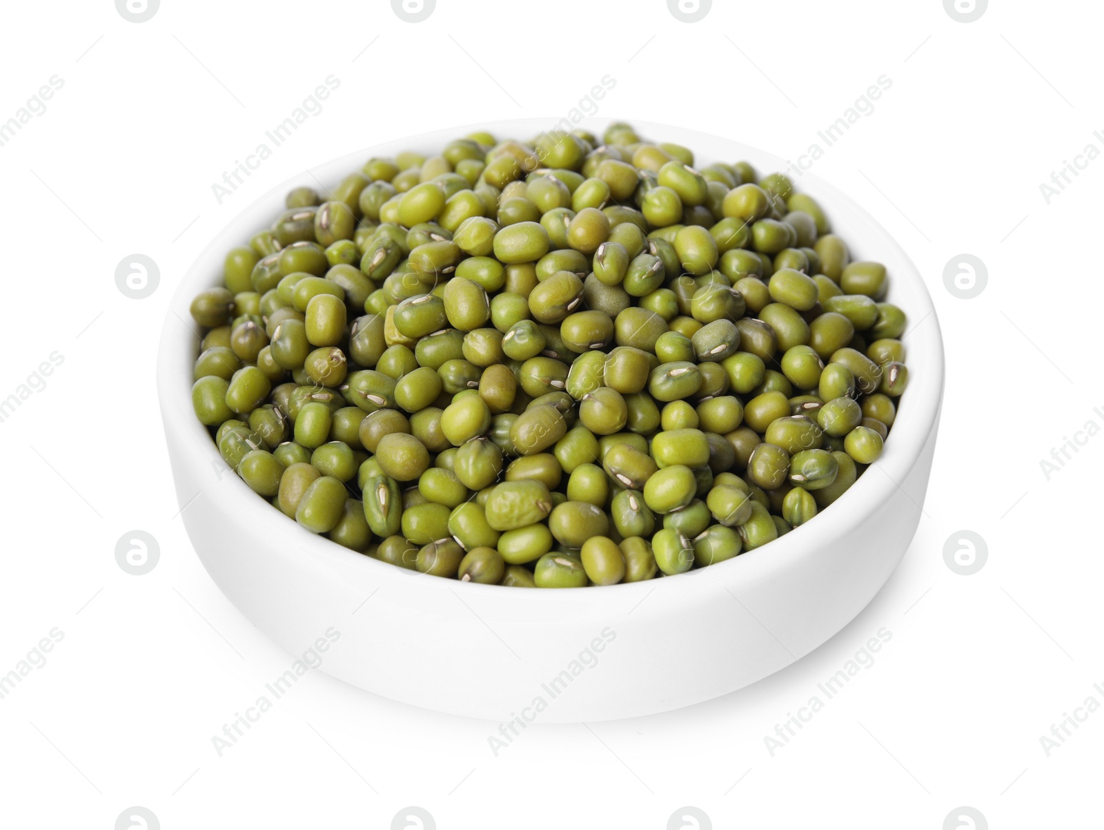 Photo of Bowl with green mung beans isolated on white. Organic grains