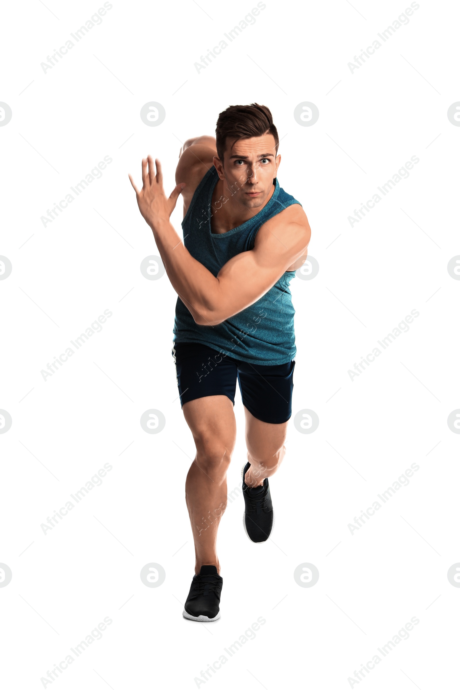 Photo of Sporty young man running on white background