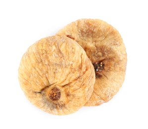 Tasty dried figs on white background, top view