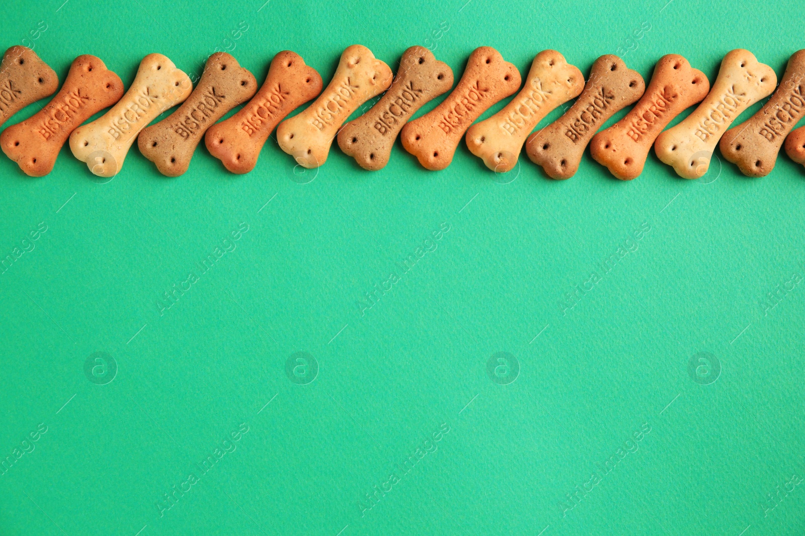 Photo of Bone shaped dog cookies on green background, flat lay. Space for text