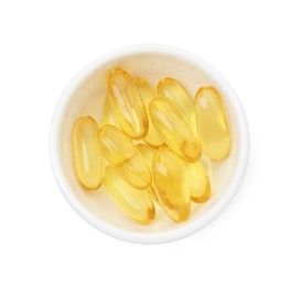 Photo of Vitamin capsules in bowl isolated on white, top view. Health supplement