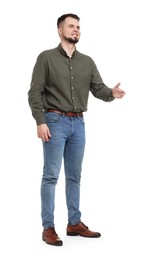 Man in shirt and jeans on white background