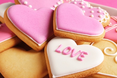 Decorated heart shaped cookies, closeup. Valentine's day treat