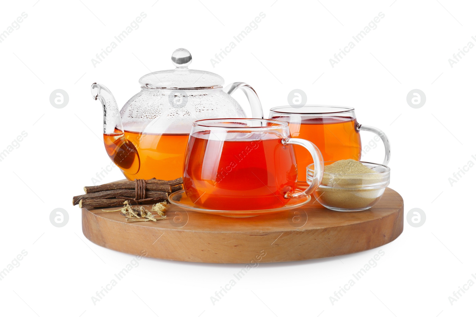 Photo of Aromatic licorice tea, dried sticks of licorice root and powder on white background