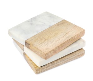 Photo of Stack of stylish cup coasters on white background