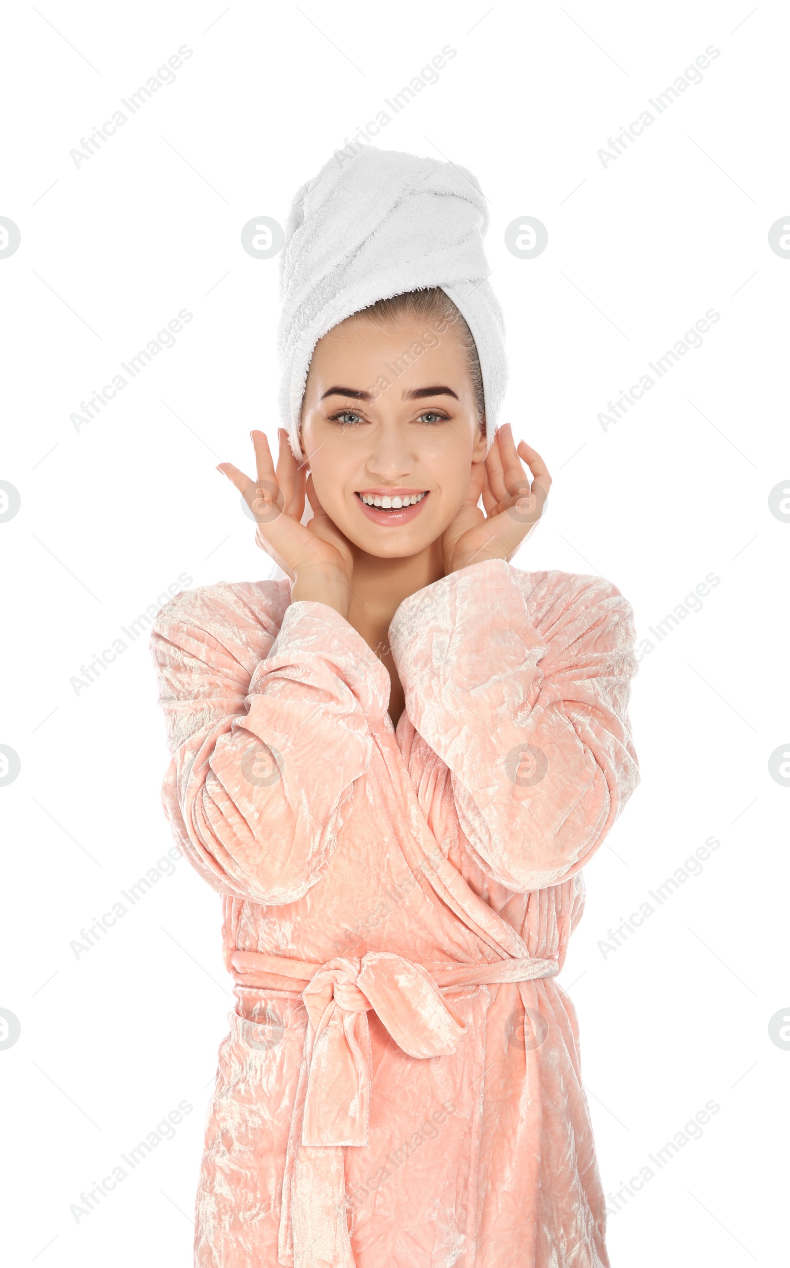 Photo of Portrait of young pretty woman in bathrobe with towel on white background