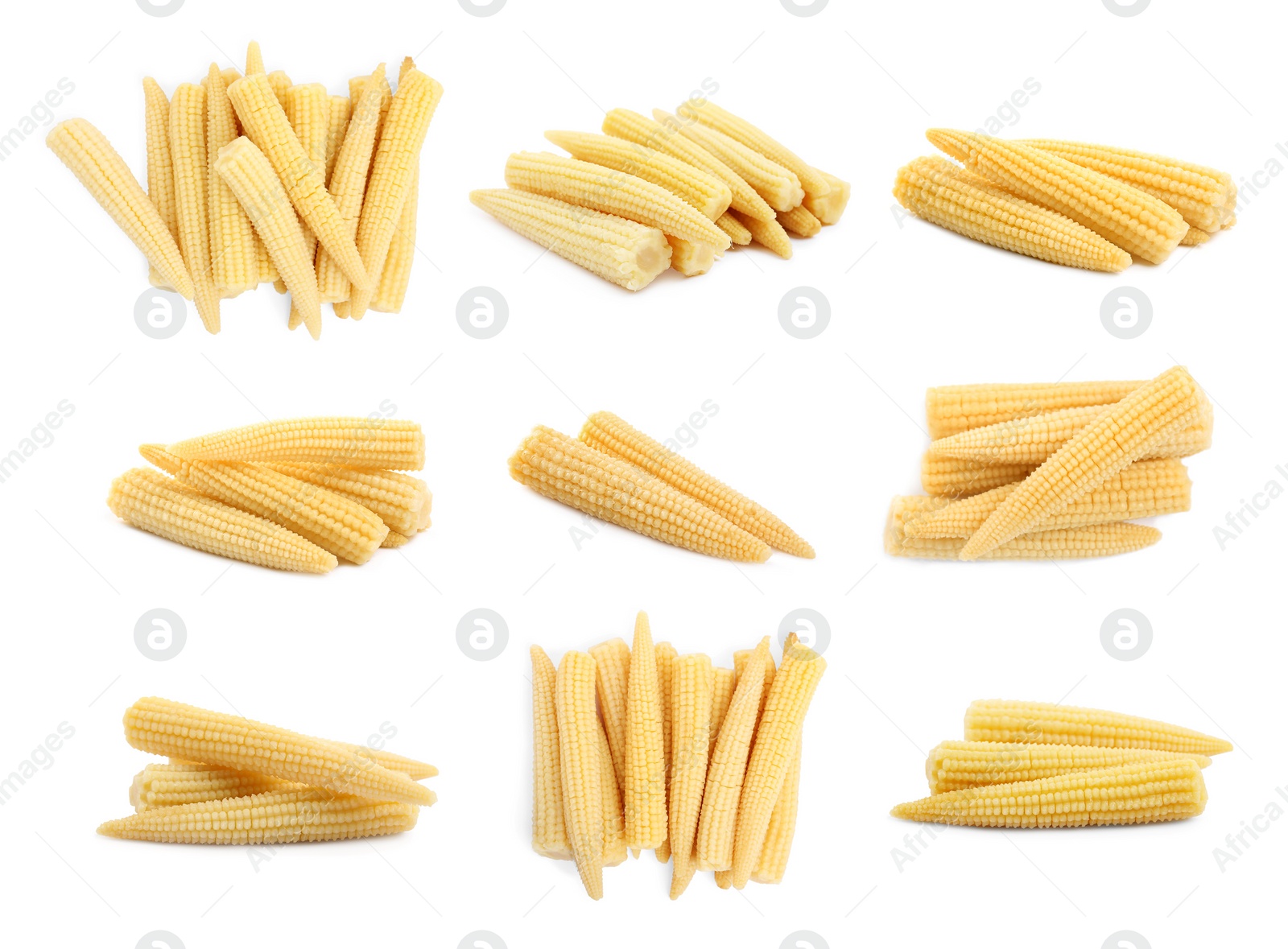 Image of Set with tasty baby corn cobs on white background 