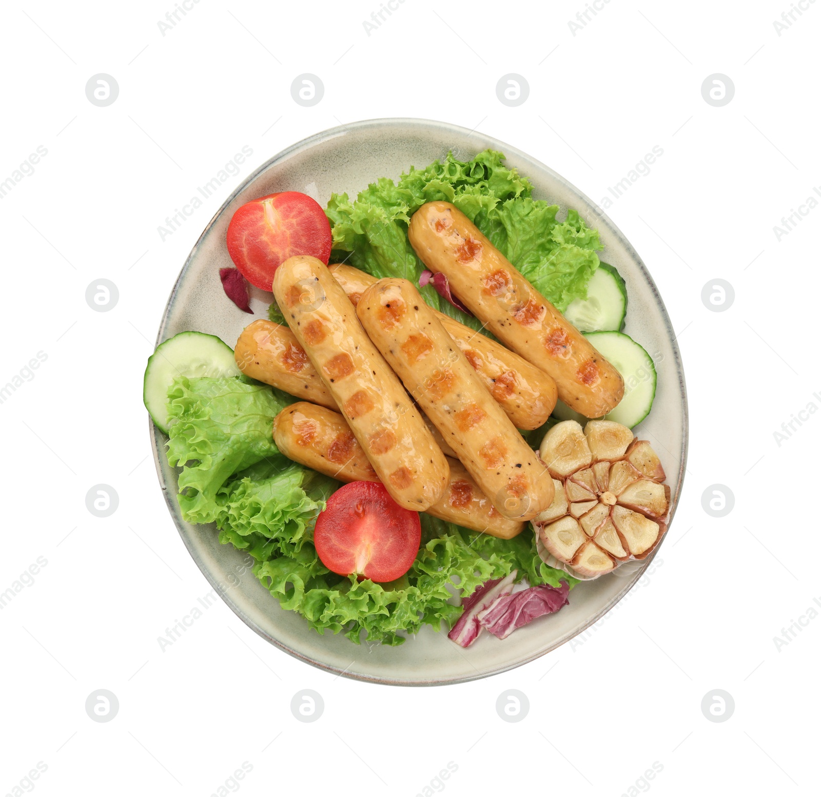 Photo of Plate with tasty grilled vegan sausages, vegetables and lettuce isolated on white, top view