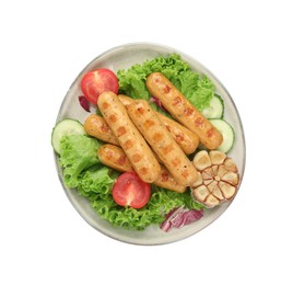 Photo of Plate with tasty grilled vegan sausages, vegetables and lettuce isolated on white, top view