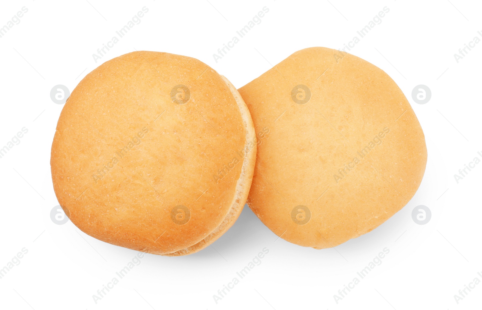 Photo of Fresh hamburger buns isolated on white, top view