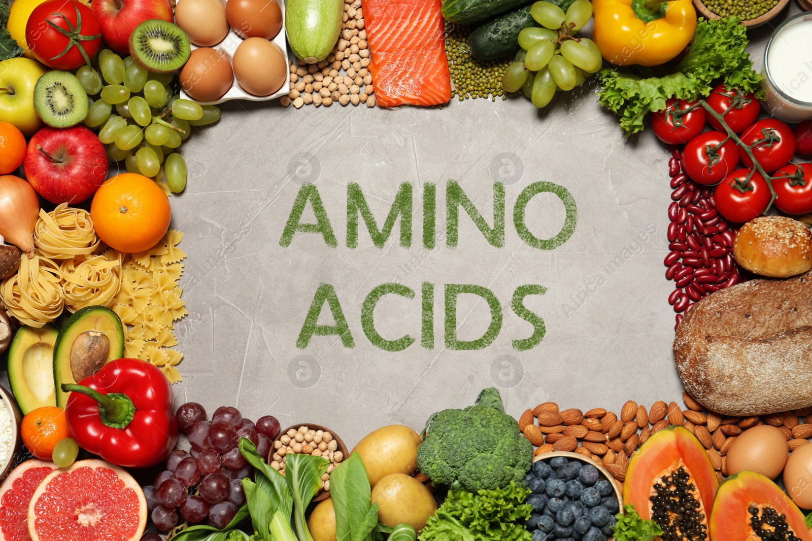 Image of Frame of different organic products on light grey table, flat lay. Sources of essential amino acids 