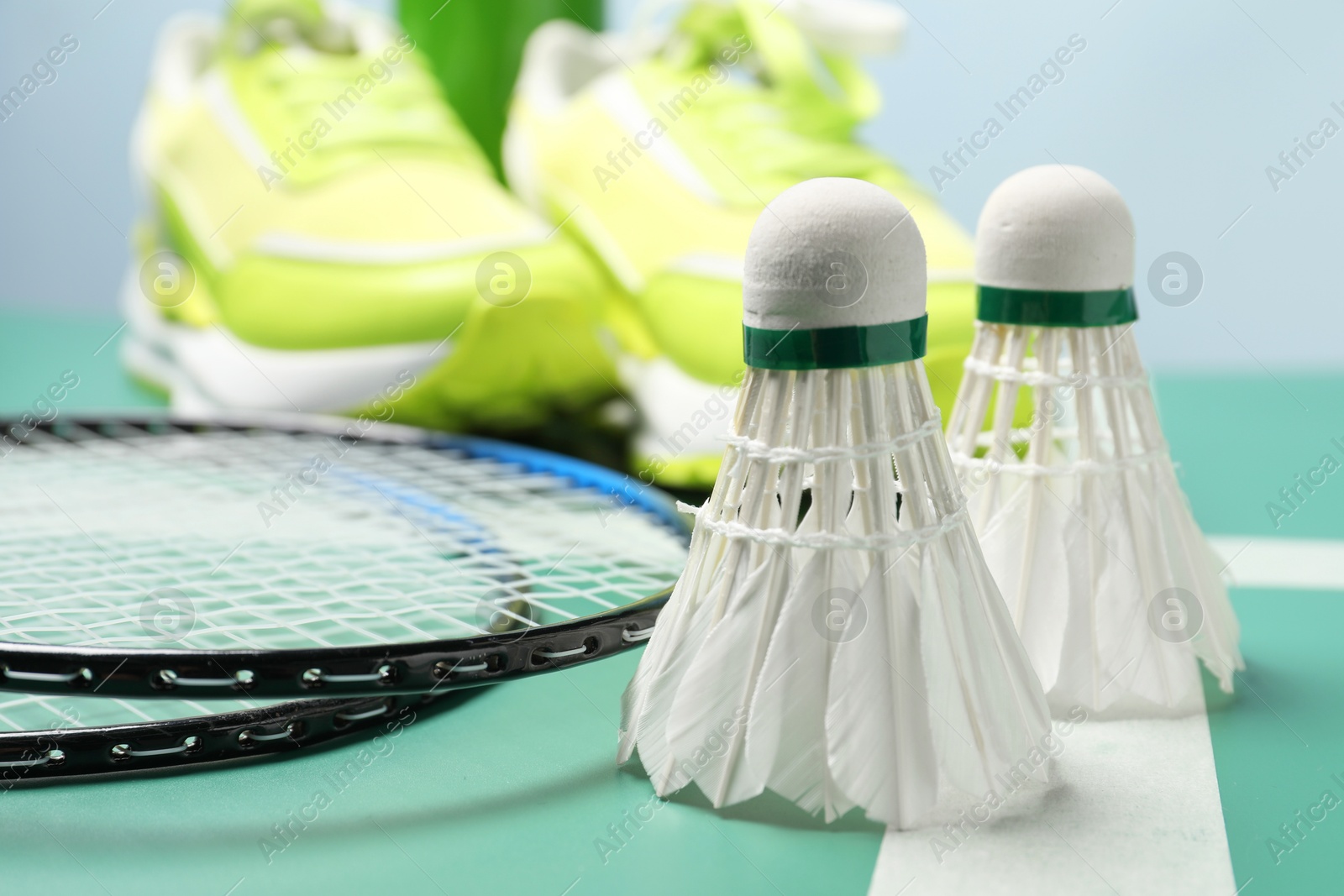 Photo of Feather badminton shuttlecocks and rackets on court, closeup