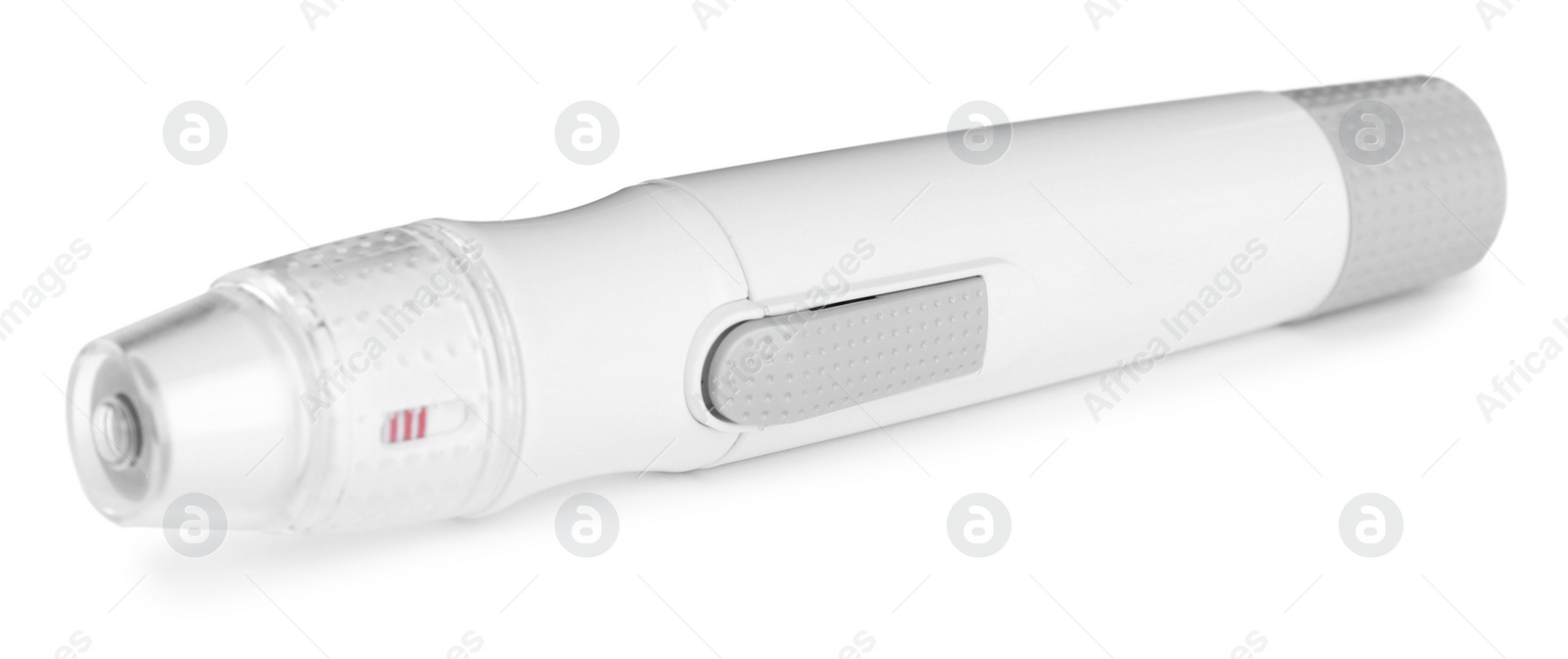 Photo of Lancet pen on white background. Diabetes control