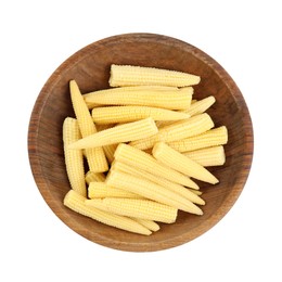 Photo of Fresh baby corn cobs on white background, top view