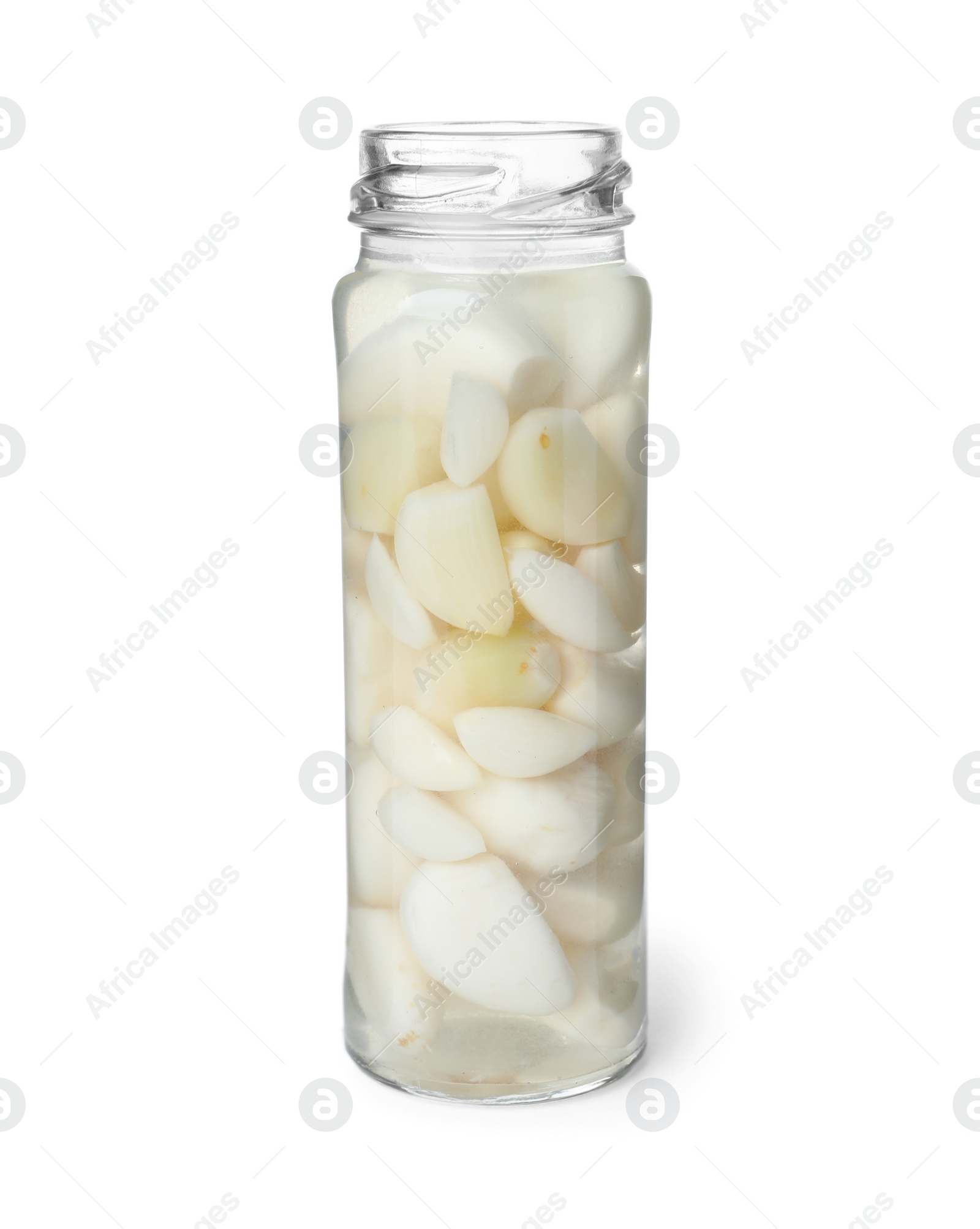 Photo of Jar with pickled garlic on white background