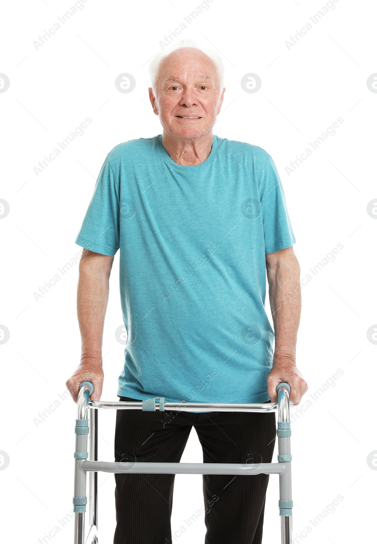 Photo of Portrait of elderly man using walking frame isolated on white