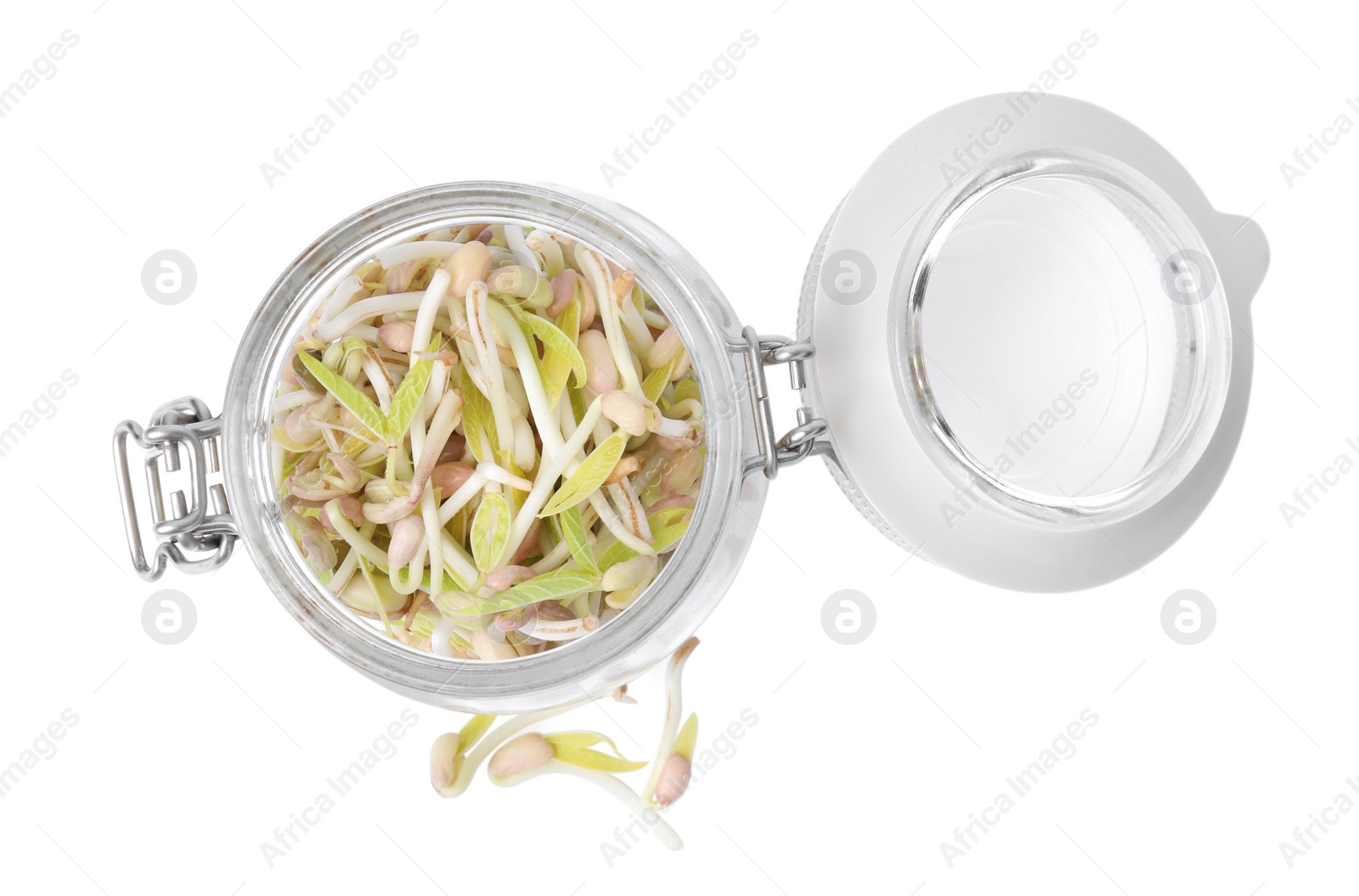 Photo of Mung bean sprouts in glass jar isolated on white, top view