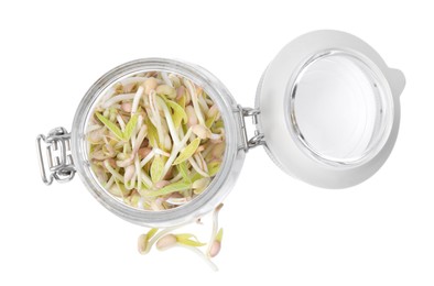 Photo of Mung bean sprouts in glass jar isolated on white, top view