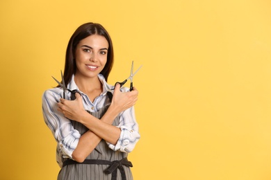 Photo of Young hairstylist holding professional scissors on color background, space for text