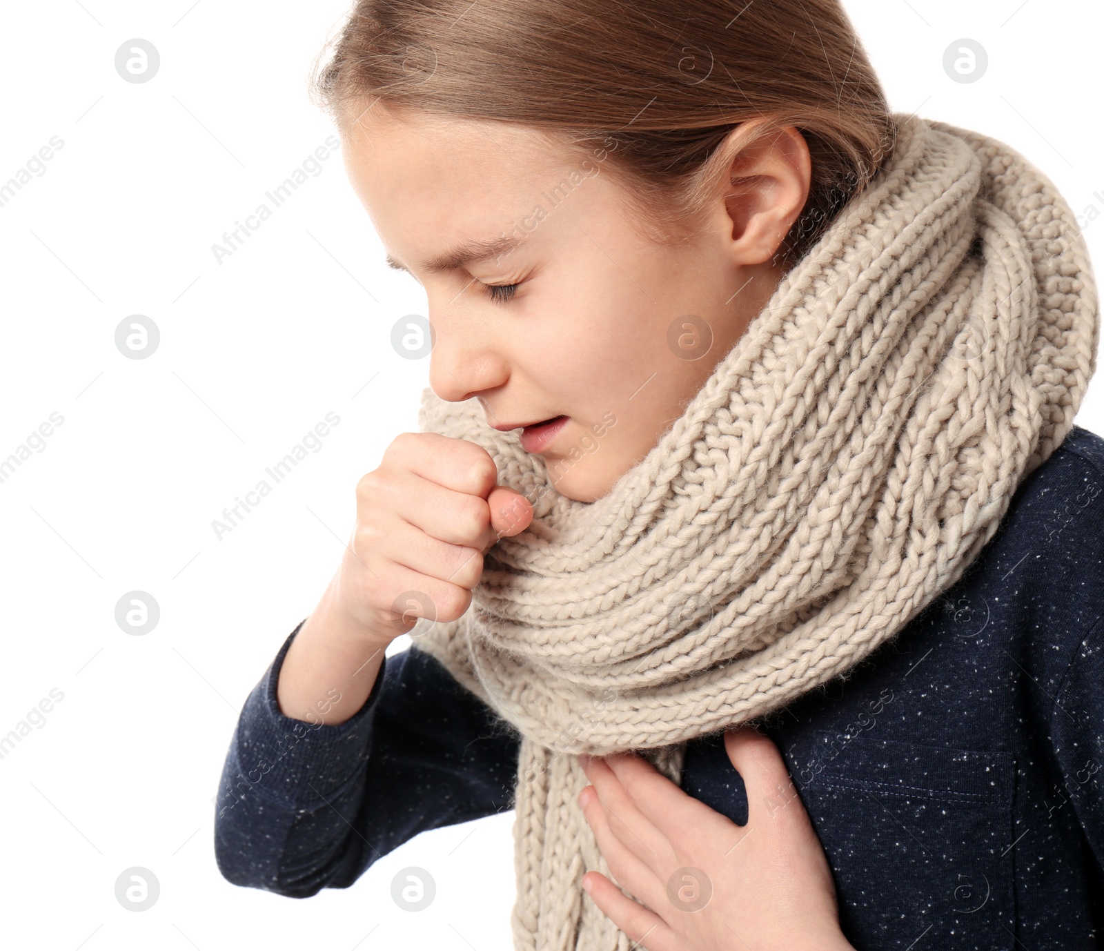 Photo of Girl coughing on white background